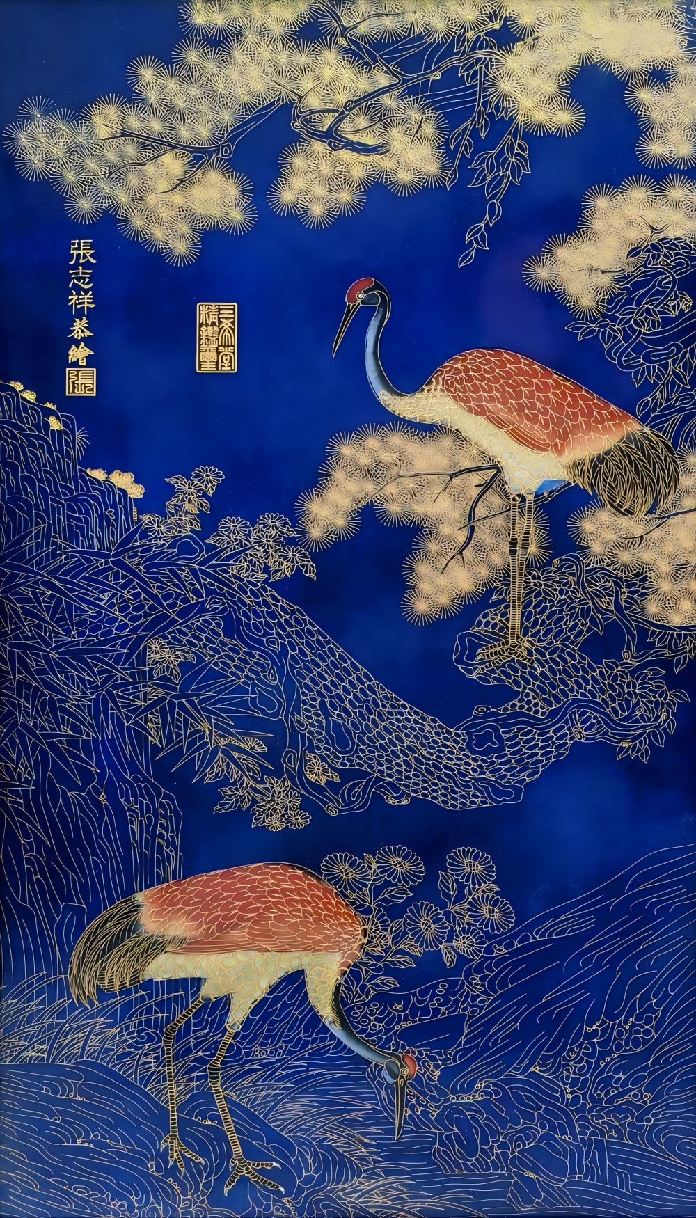 掐丝珐琅松鹤图瓷板画挂屏